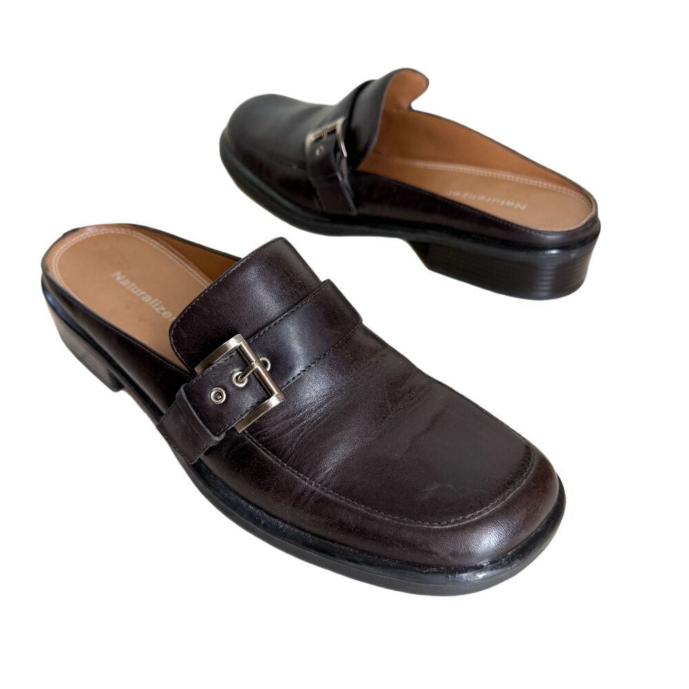 Naturalizer Shoes 8.5 N Dark Brown Leather Mules Slides Strap w Buckle Preppy